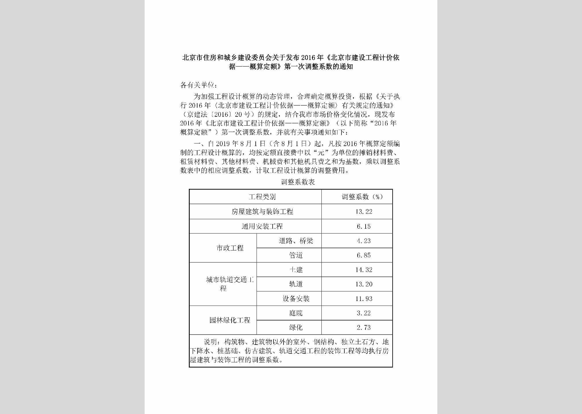 BJ-JSGCJJYJ-2019：北京市住房和城乡建设委员会关于发布2016年《北京市建设工程计价依据——概算定额》第一次调整系数的通知