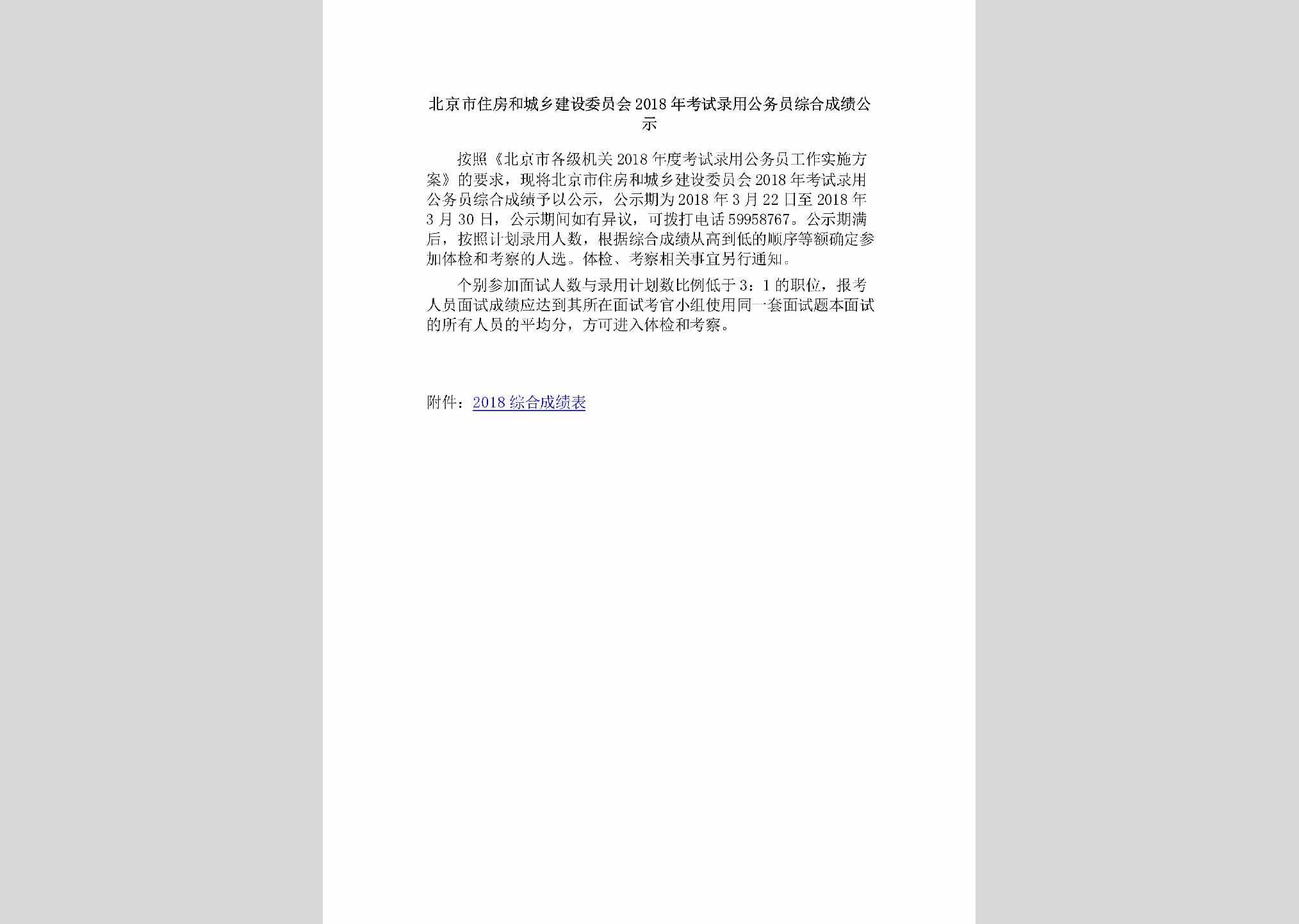 BJ-KSLYGWYZ-2018：北京市住房和城乡建设委员会2018年考试录用公务员综合成绩公示