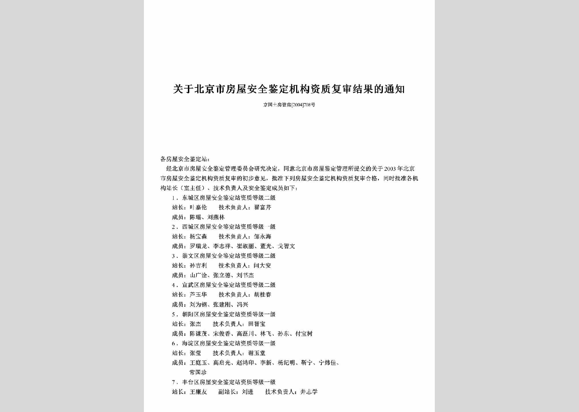 京国土房管房[2004]708号：关于北京市房屋安全鉴定机构资质复审结果的通知