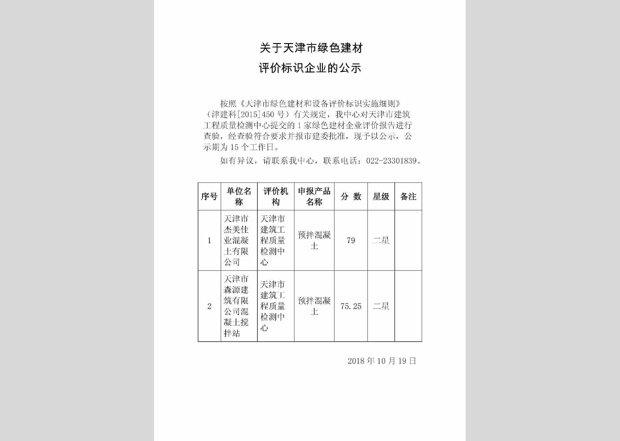 TJ-LSJCPJBS-2018：关于天津市绿色建材评价标识企业的公示