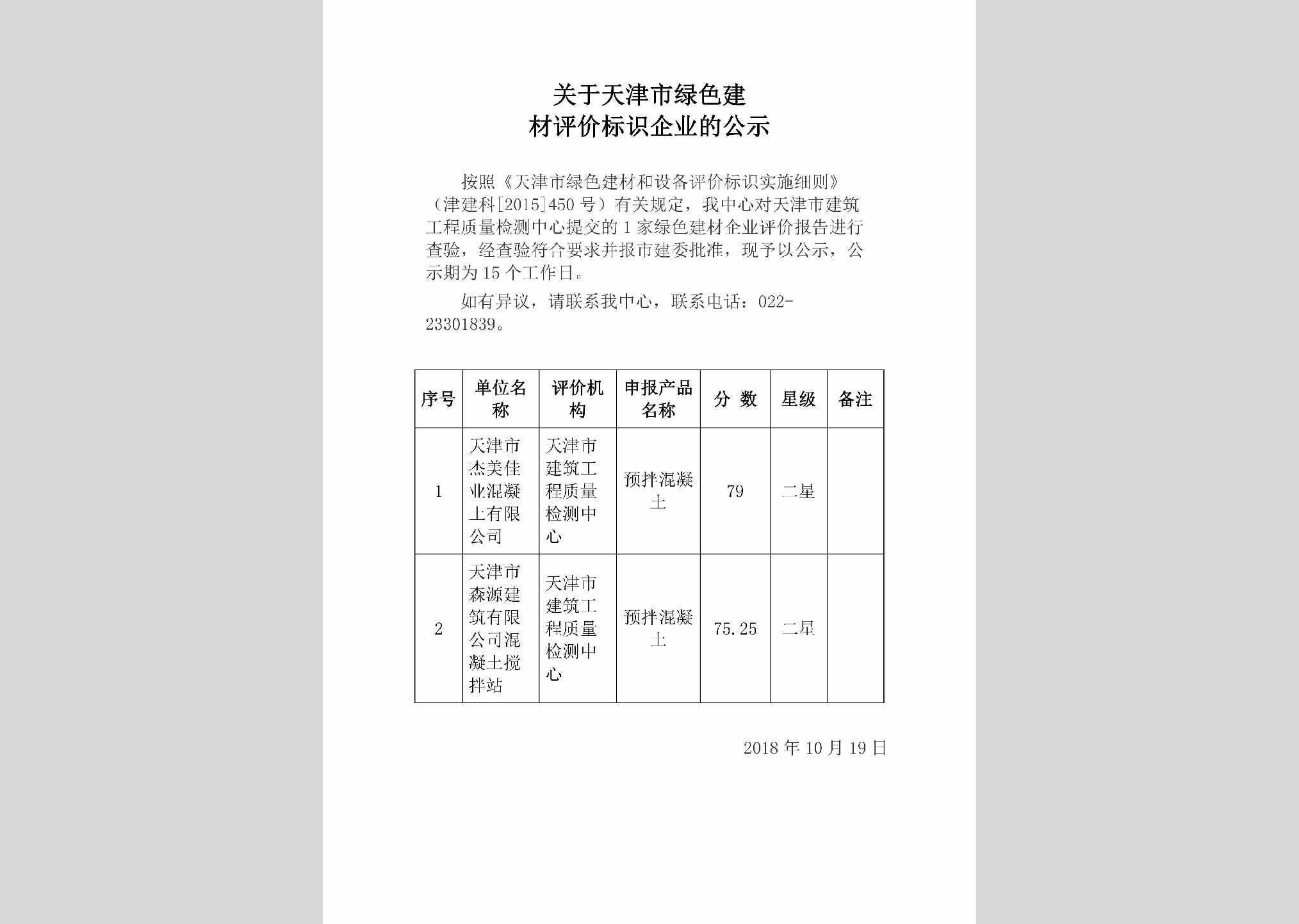 TJ-LSJTPJBS-2018：关于天津市绿色建材评价标识企业的公示