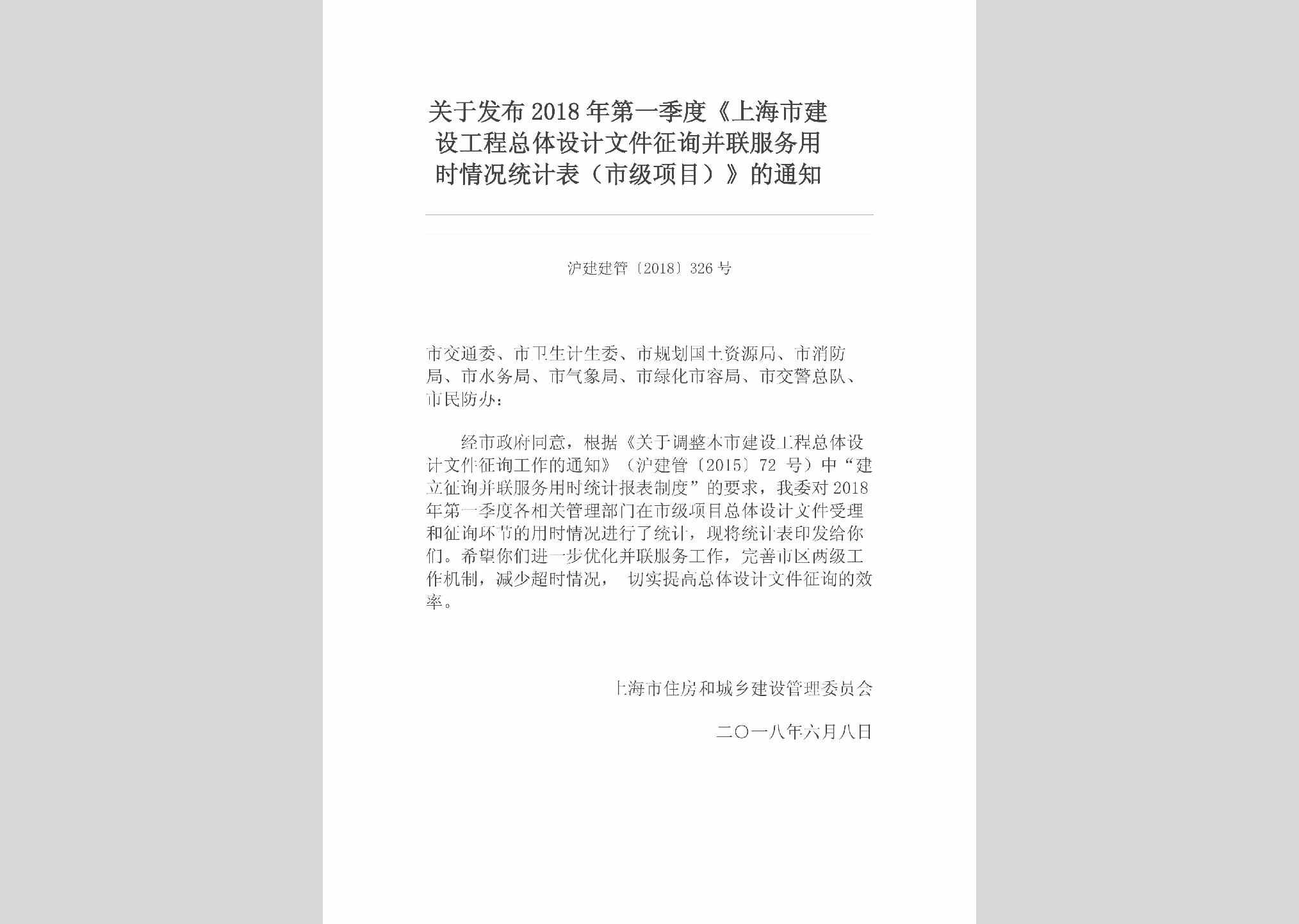 沪建建管[2018]326号：关于发布2018年第一季度《上海市建设工程总体设计文件征询并联服务用时情况统计表（市级项目）》的通知