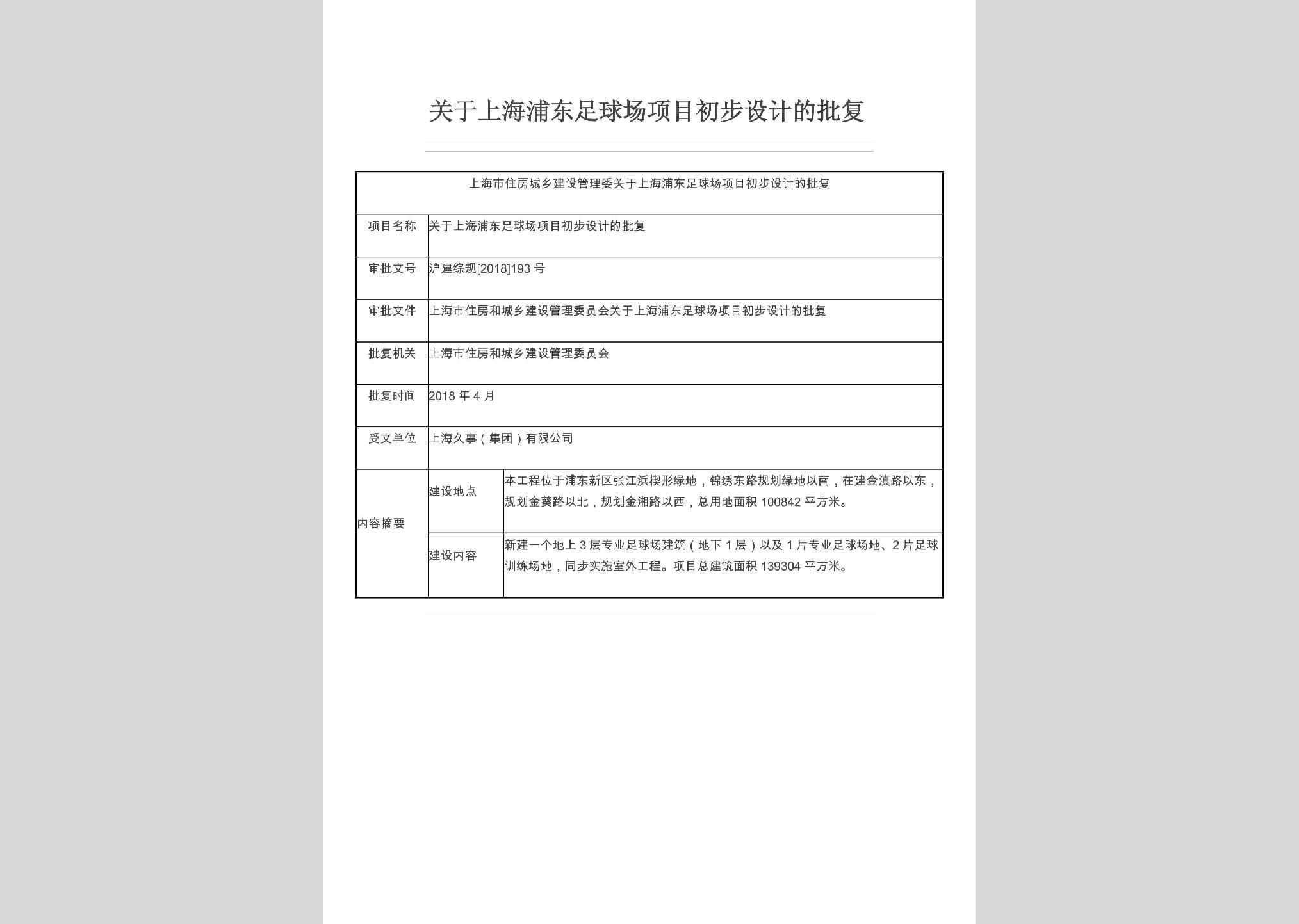 沪建综规[2018]193号：关于上海浦东足球场项目初步设计的批复