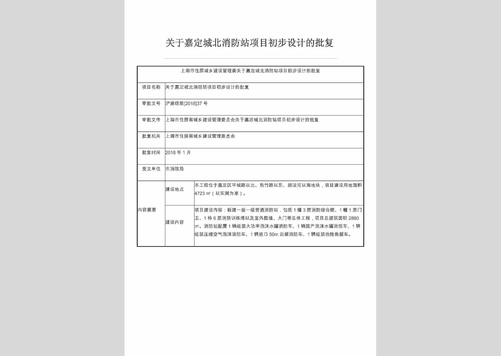 沪建综规[2018]37号：关于嘉定城北消防站项目初步设计的批复
