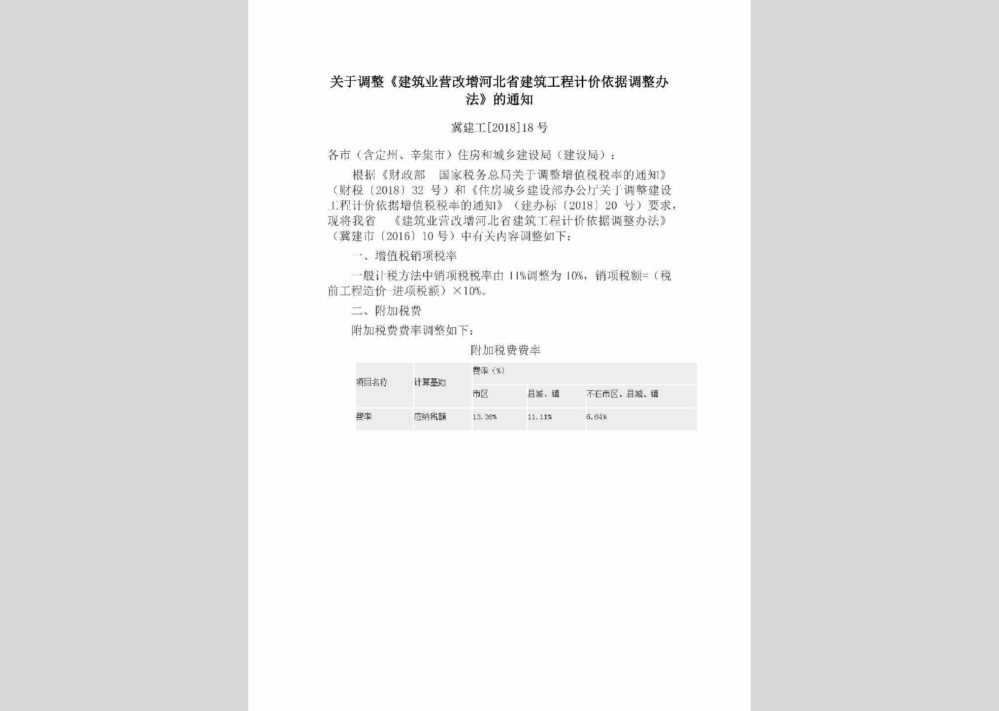 冀建工[2018]18号：关于调整《建筑业营改增河北省建筑工程计价依据调整办法》的通知