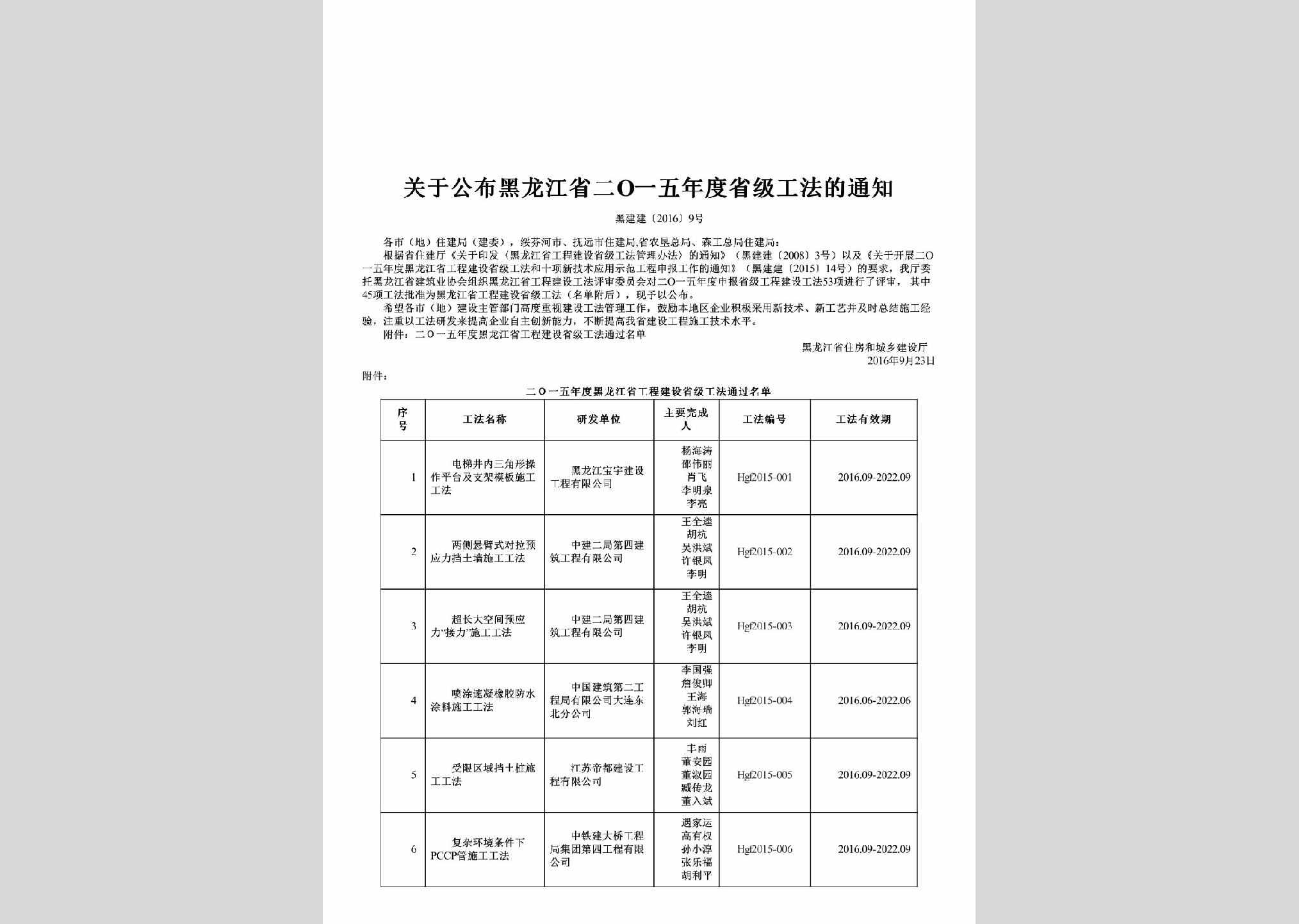 黑建建[2016]9号：关于公布黑龙江省二O一五年度省级工法的通知