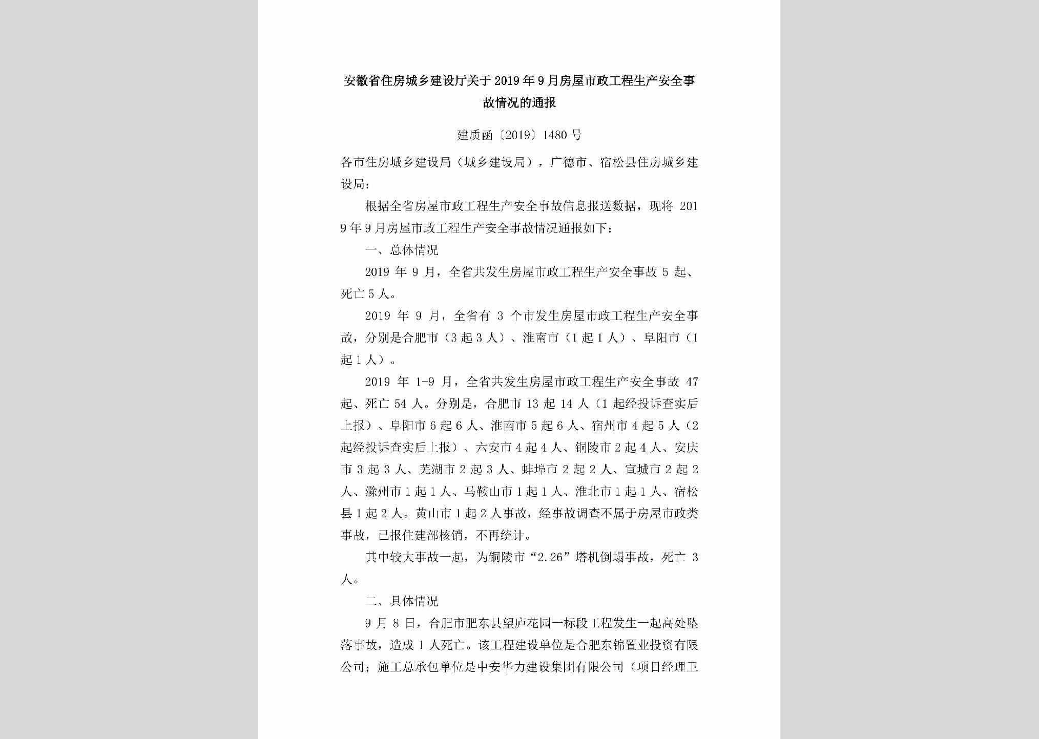 建质函[2019]1480号：安徽省住房城乡建设厅关于2019年9月房屋市政工程生产安全事故情况的通报