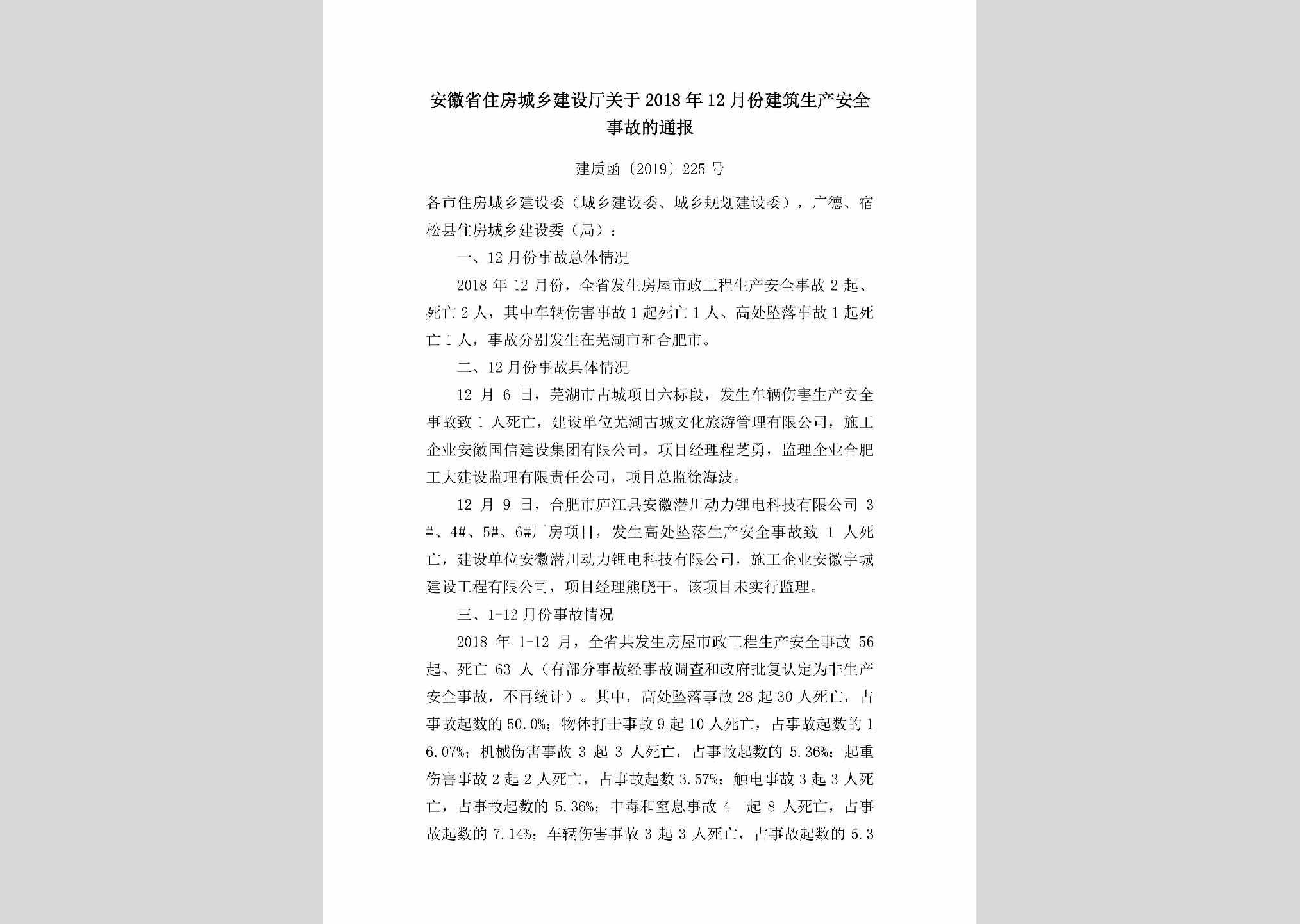 建质函[2019]225号：安徽省住房城乡建设厅关于2018年12月份建筑生产安全事故的通报