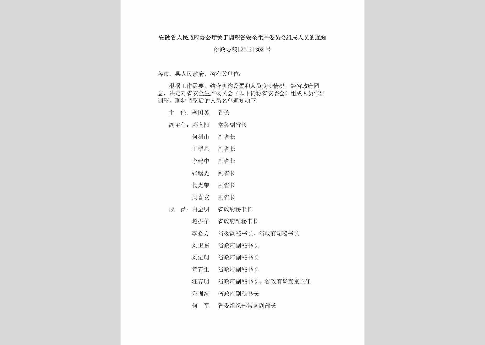 皖政办秘[2018]302号：安徽省人民政府办公厅关于调整省安全生产委员会组成人员的通知