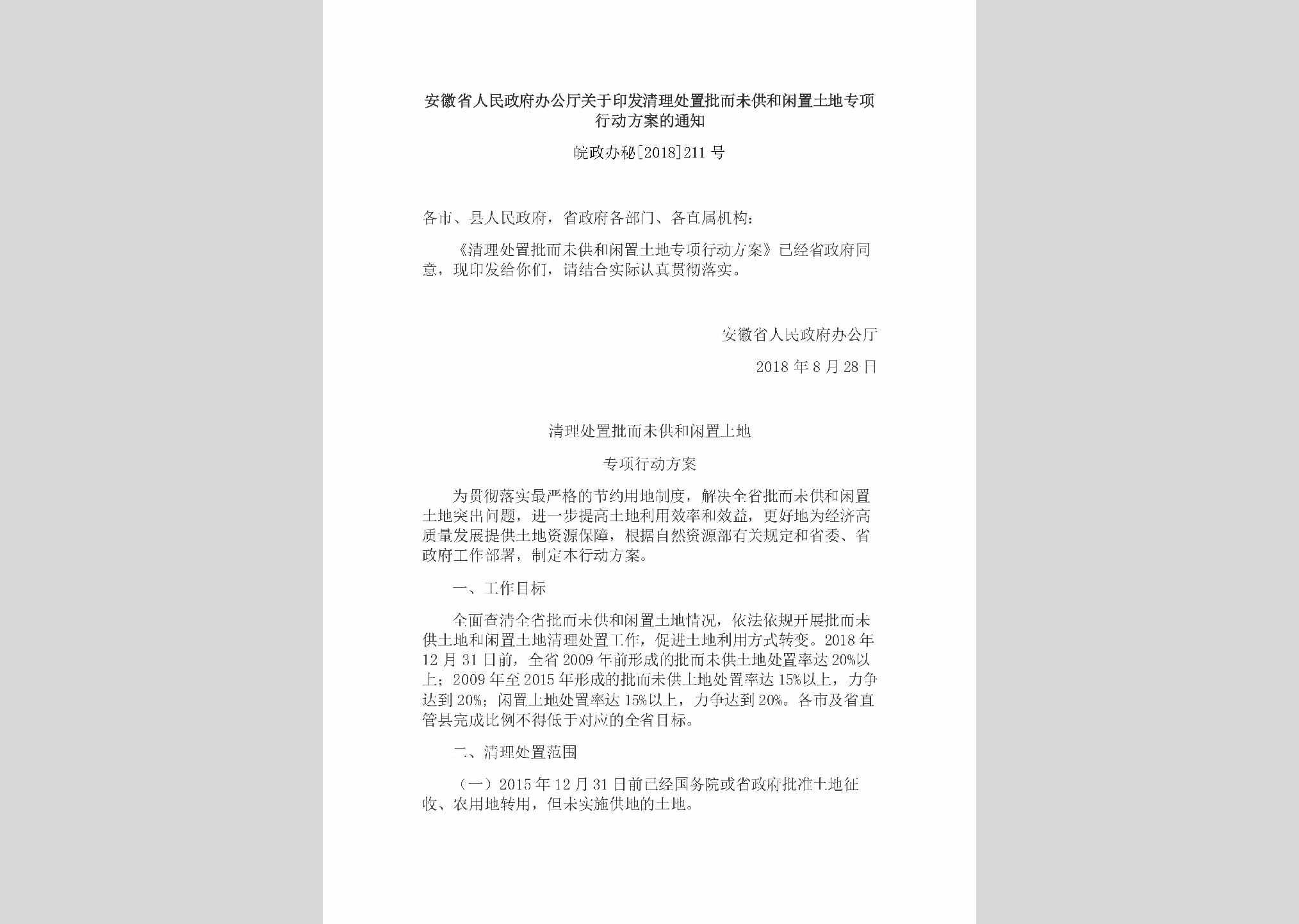 皖政办秘[2018]211号：安徽省人民政府办公厅关于印发清理处置批而未供和闲置土地专项行动方案的通知