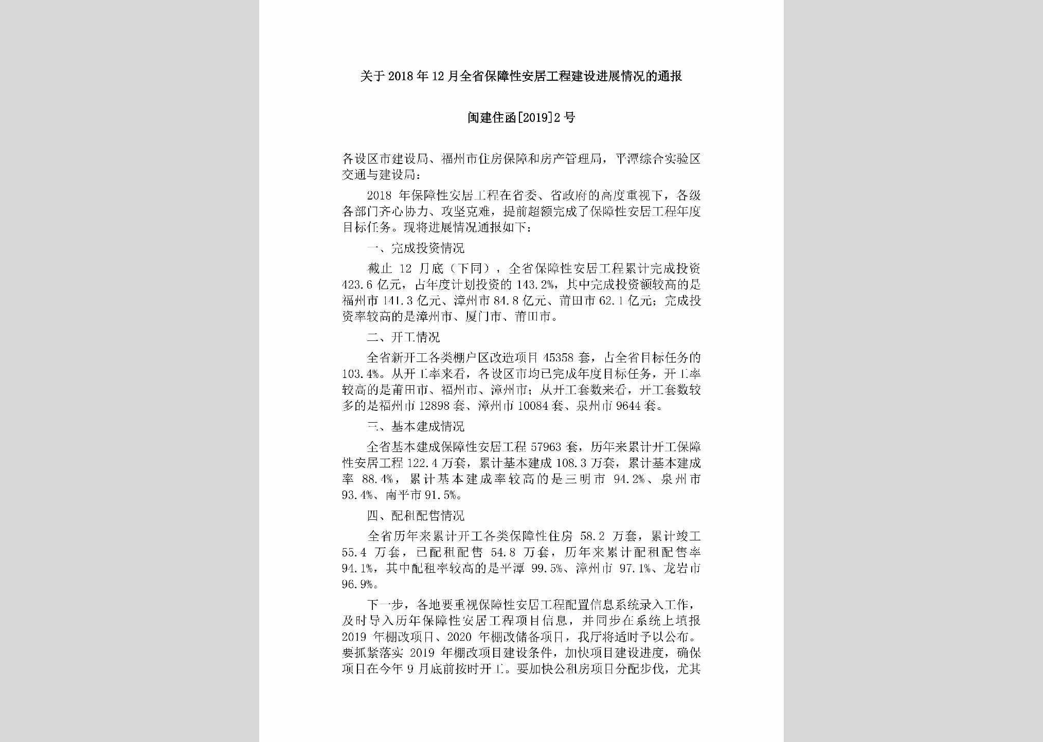 闽建住函[2019]2号：关于2018年12月全省保障性安居工程建设进展情况的通报