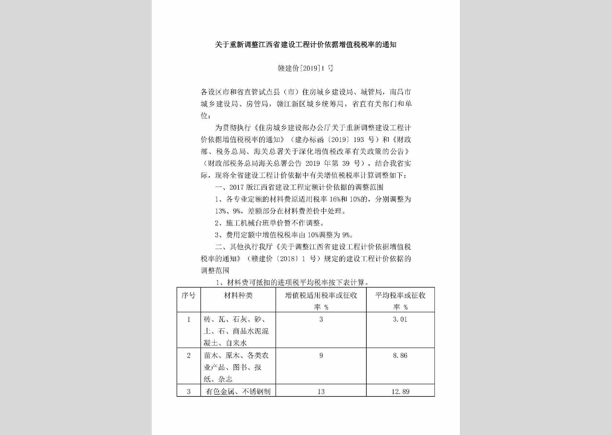 赣建价[2019]1号：关于重新调整江西省建设工程计价依据增值税税率的通知