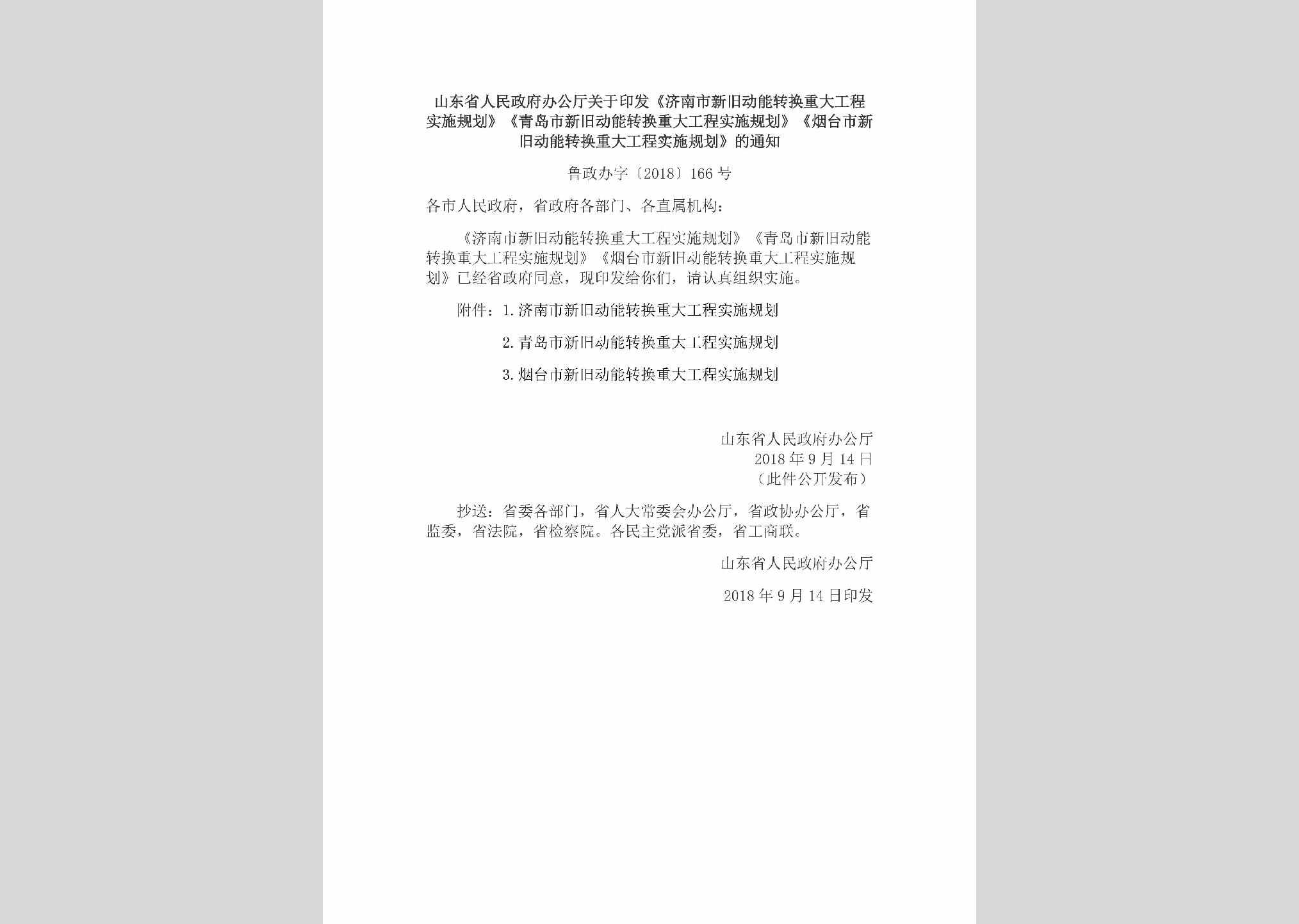 鲁政办字[2018]166号：山东省人民政府办公厅关于印发《济南市新旧动能转换重大工程实施规划》《青岛市新旧动能转换重大工程实施规划》《烟台市新旧动能转换重大工程实施规划》的通知