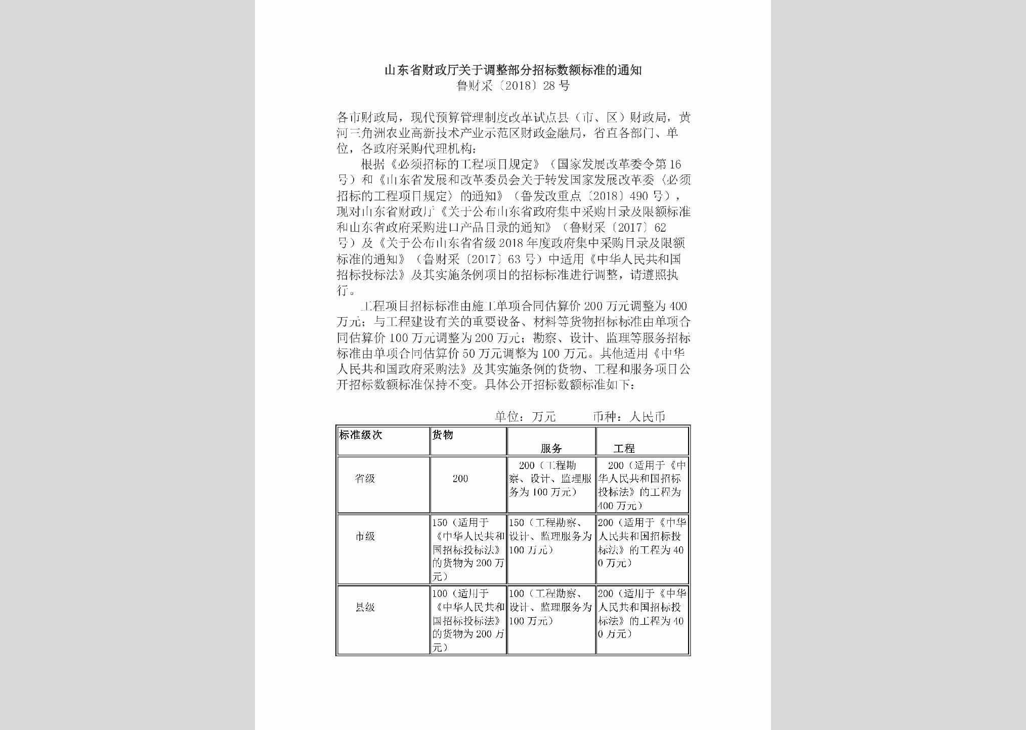 鲁财采[2018]28号：山东省财政厅关于调整部分招标数额标准的通知