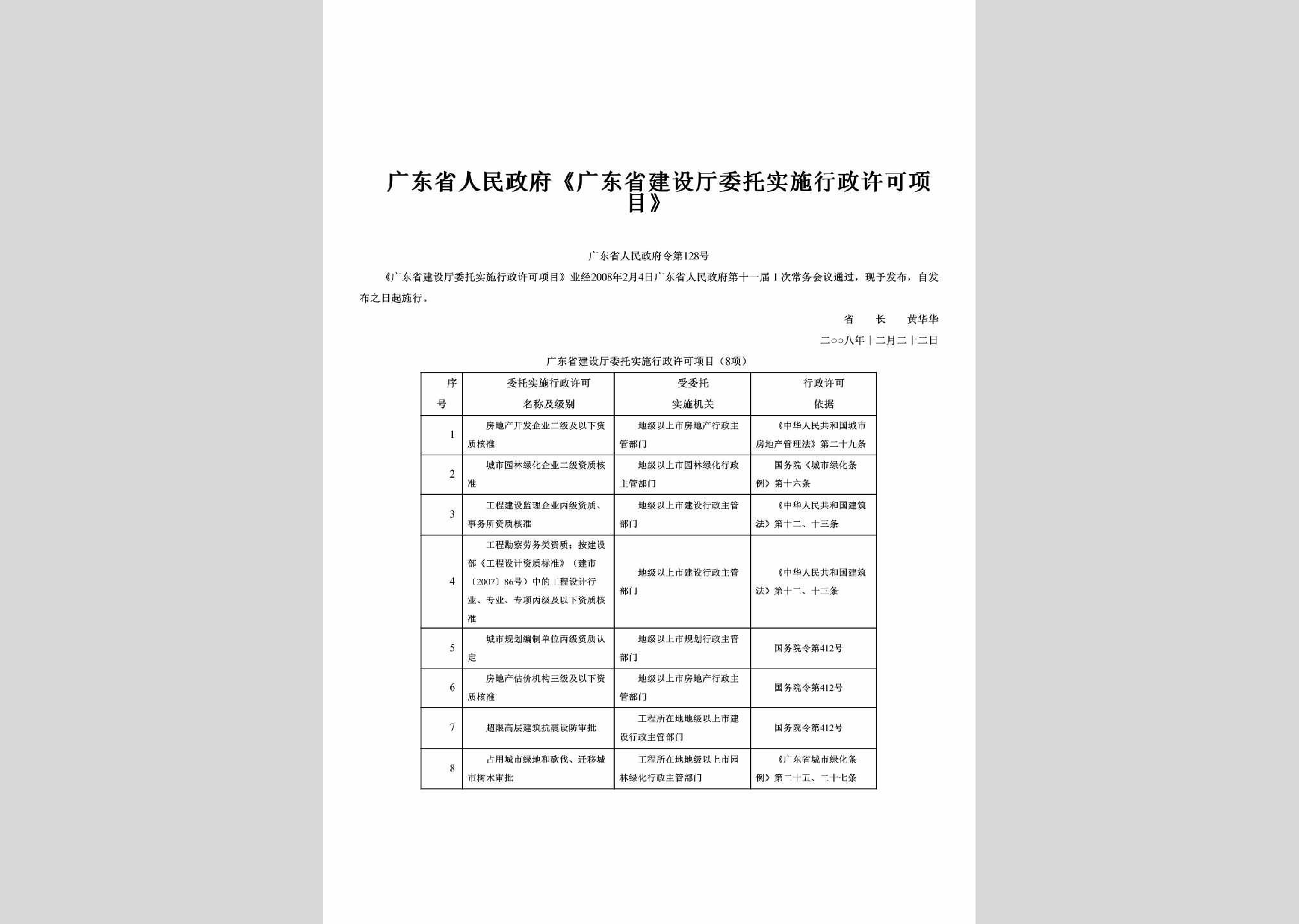 广东省人民政府令第128号：《广东省建设厅委托实施行政许可项目》
