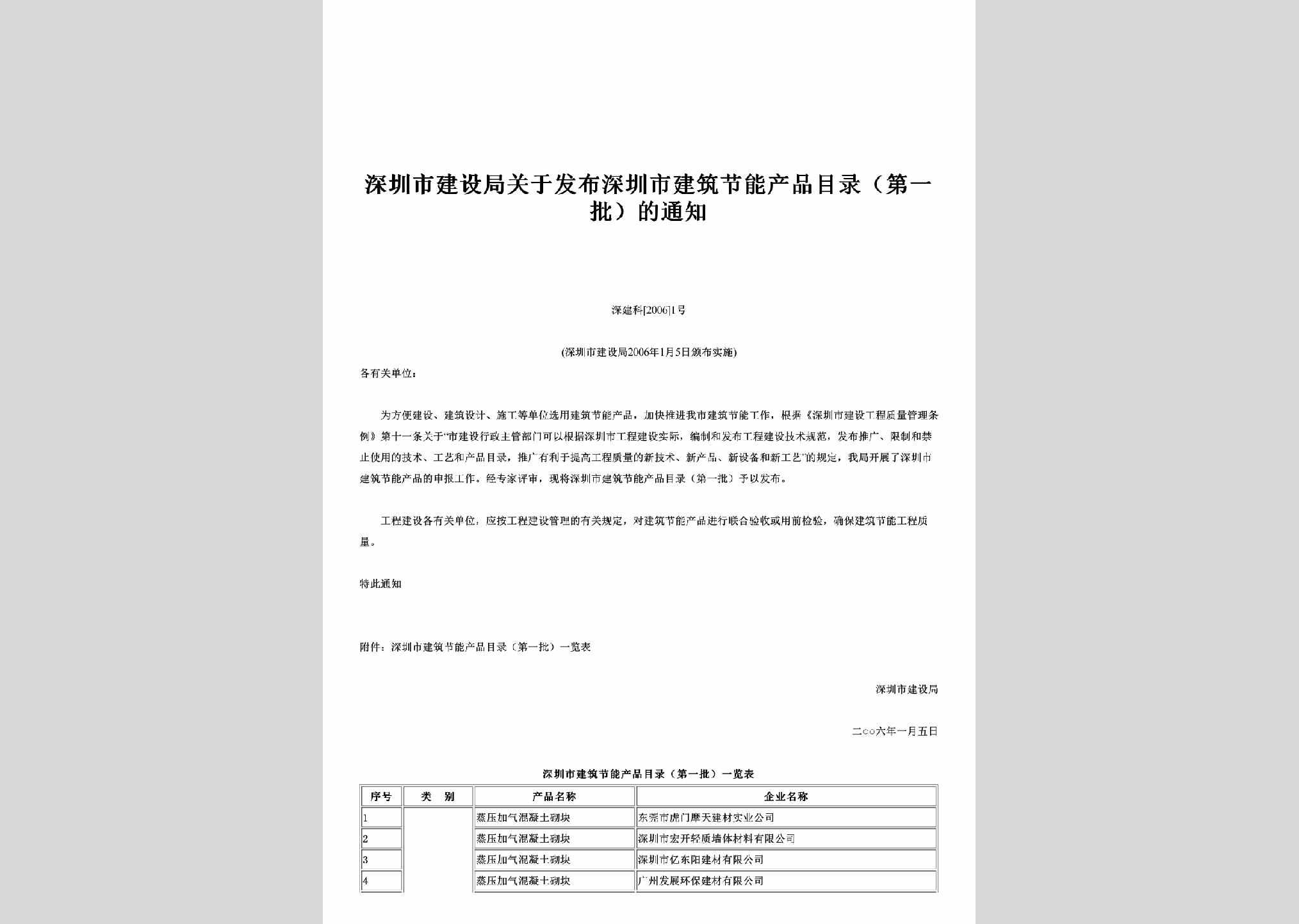 深建科[2006]1号：关于发布深圳市建筑节能产品目录（第一批）的通知