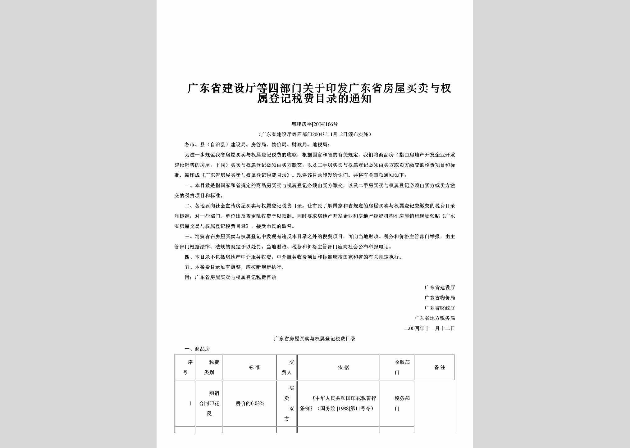 粤建房字[2004]166号：关于印发广东省房屋买卖与权属登记税费目录的通知
