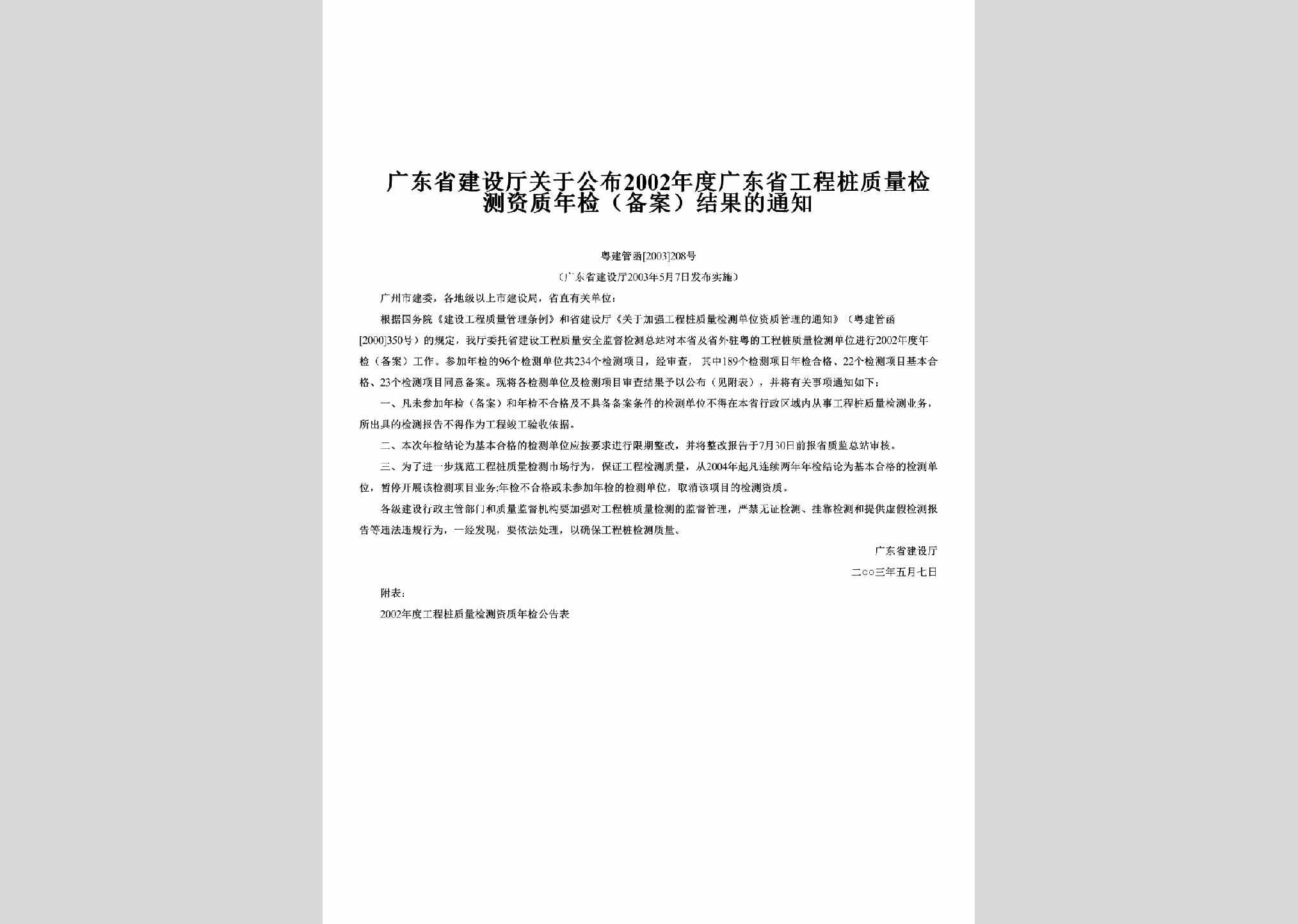 粤建管函[2003]208号：关于公布2002年度广东省工程桩质量检测资质年检（备案）结果的通知