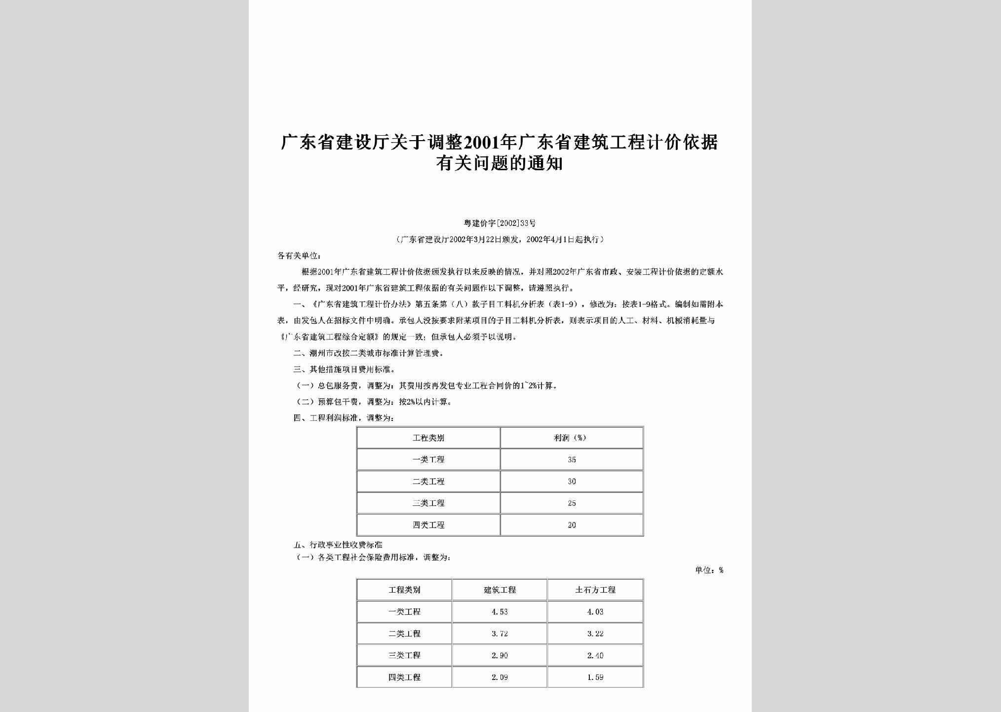 粤建价字[2002]33号：关于调整2001年广东省建筑工程计价依据有关问题的通知