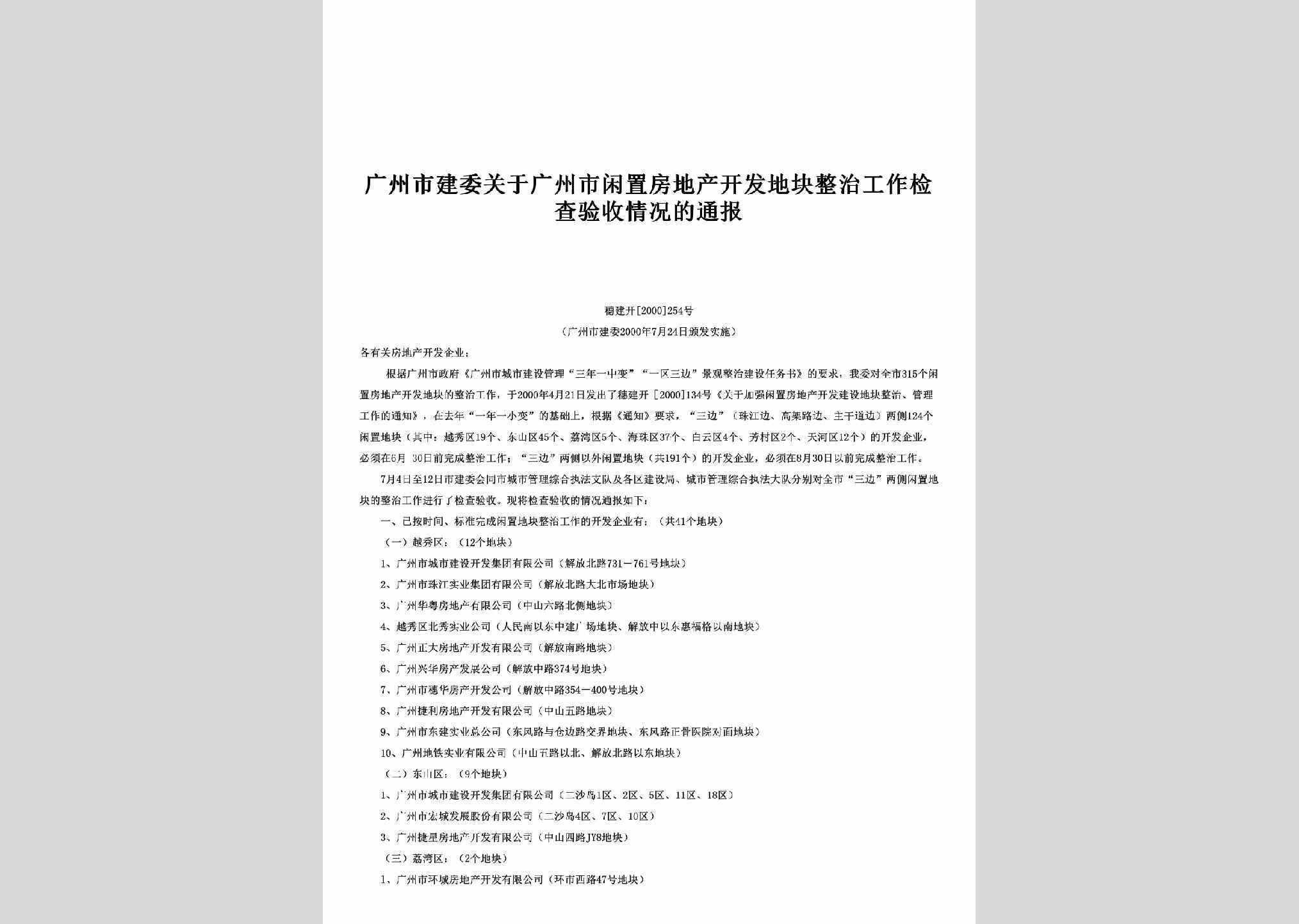 穗建开[2000]254号：关于广州市闲置房地产开发地块整治工作检查验收情况的通报