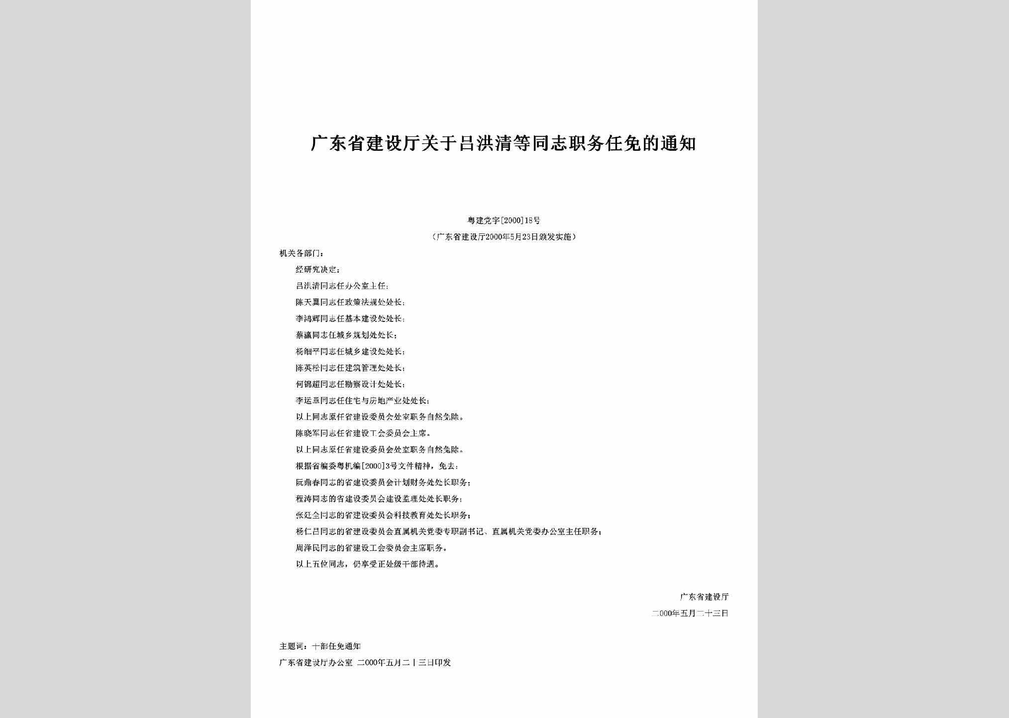 粤建党字[2000]18号：关于吕洪清等同志职务任免的通知