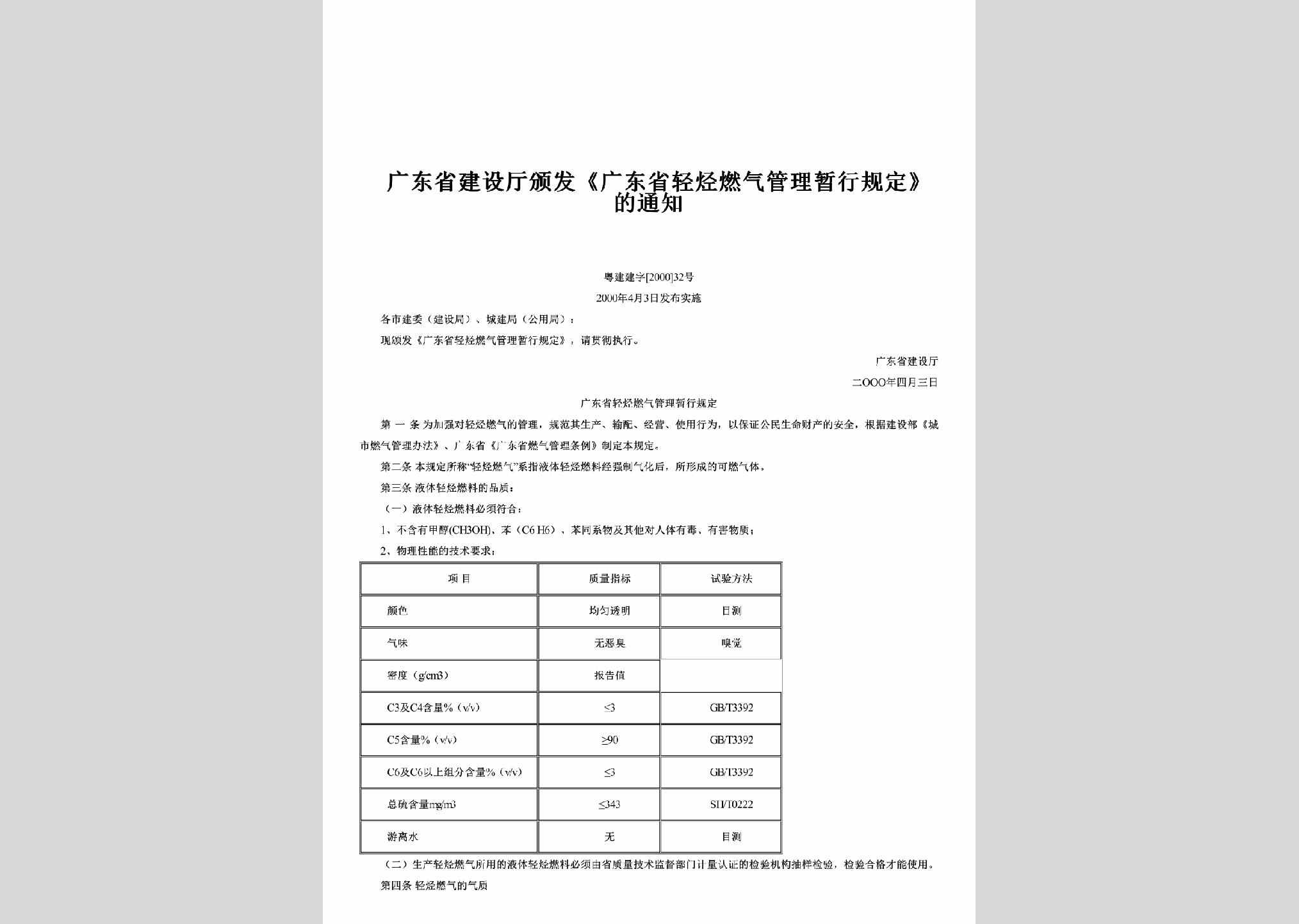 粤建建字[2000]32号：颁发《广东省轻烃燃气管理暂行规定》的通知
