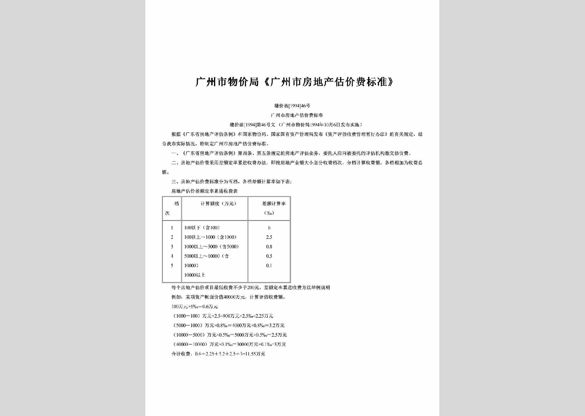 穗价函[1994]46号：《广州市房地产估价费标准》