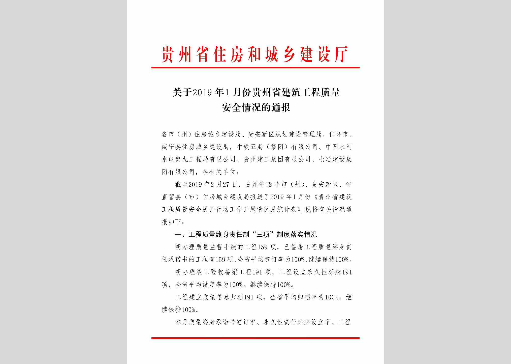 GZ-JZGCZLTB-2019：关于2019年1月份贵州省建筑工程质量安全情况的通报