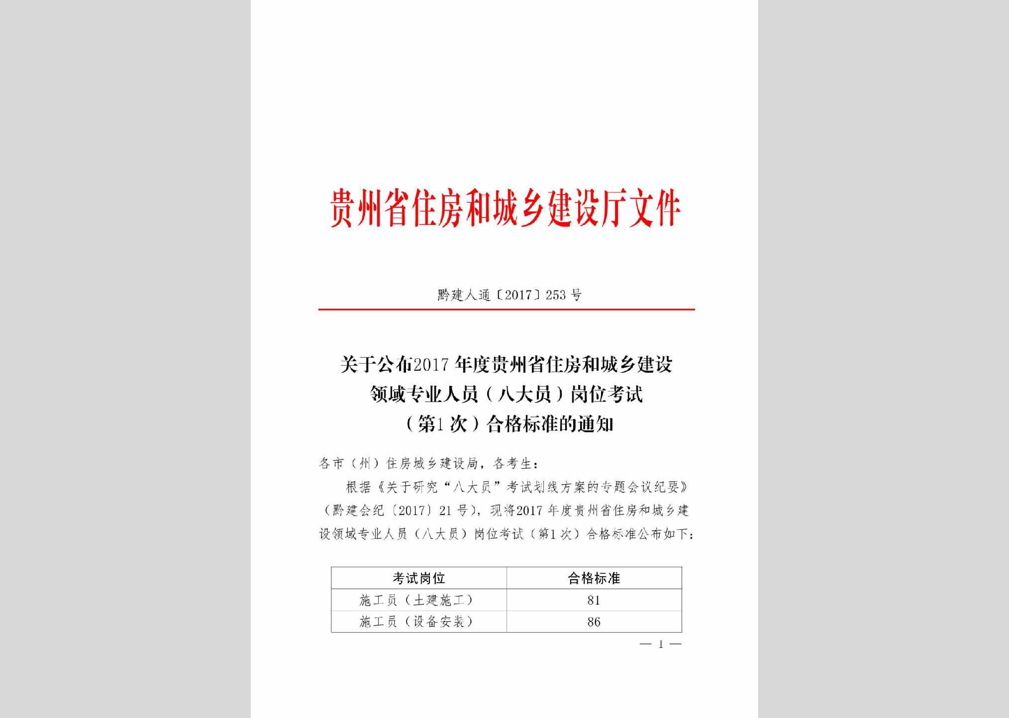 黔建人通[2017]253号：关于公布2017年度贵州省住房和城乡建设领域专业人员(八大员)岗位考试(第1次)合格标准的通知