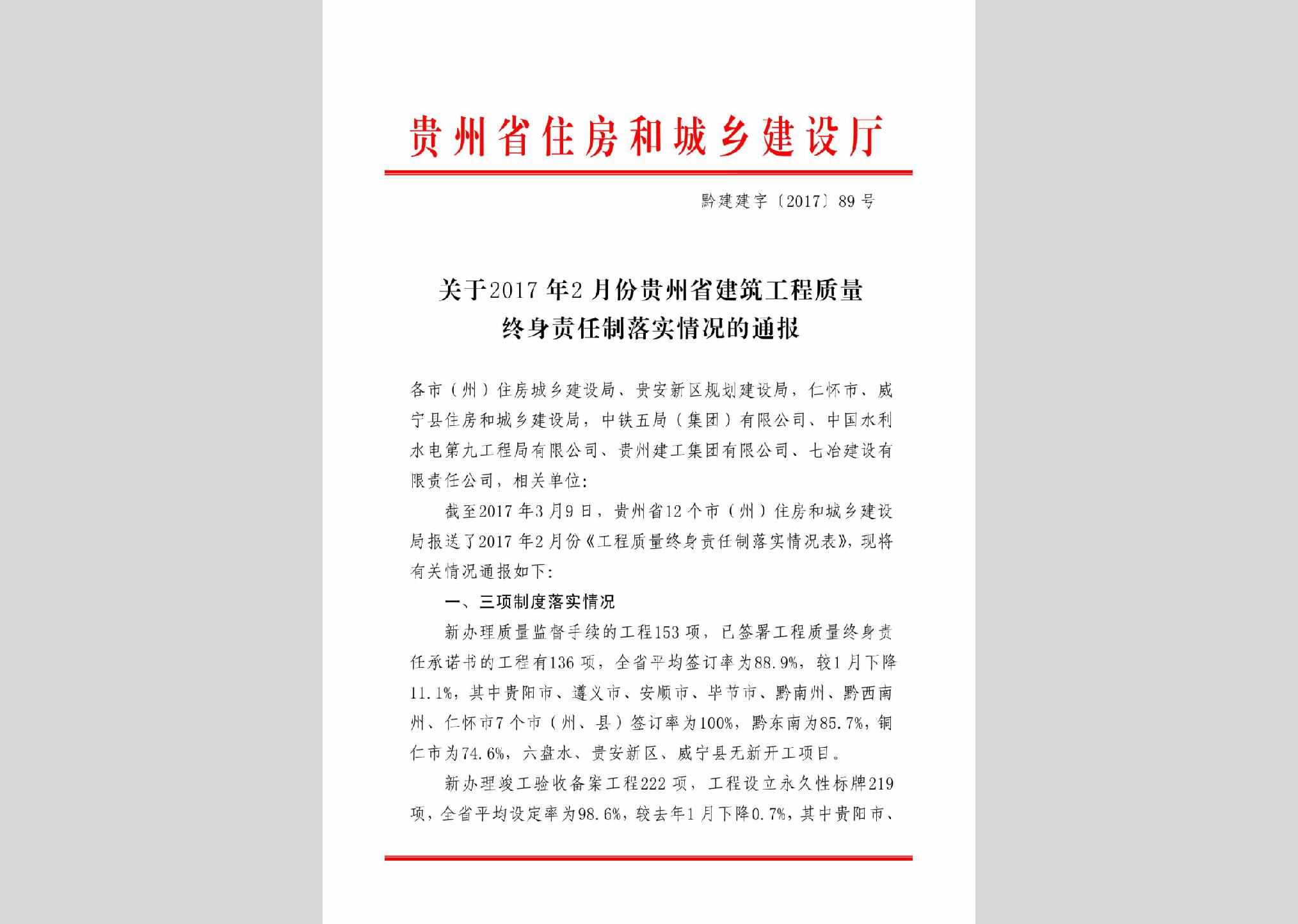 黔建建字[2017]89号：关于2017年2月份贵州省建筑工程质量终身责任制落实情况的通报