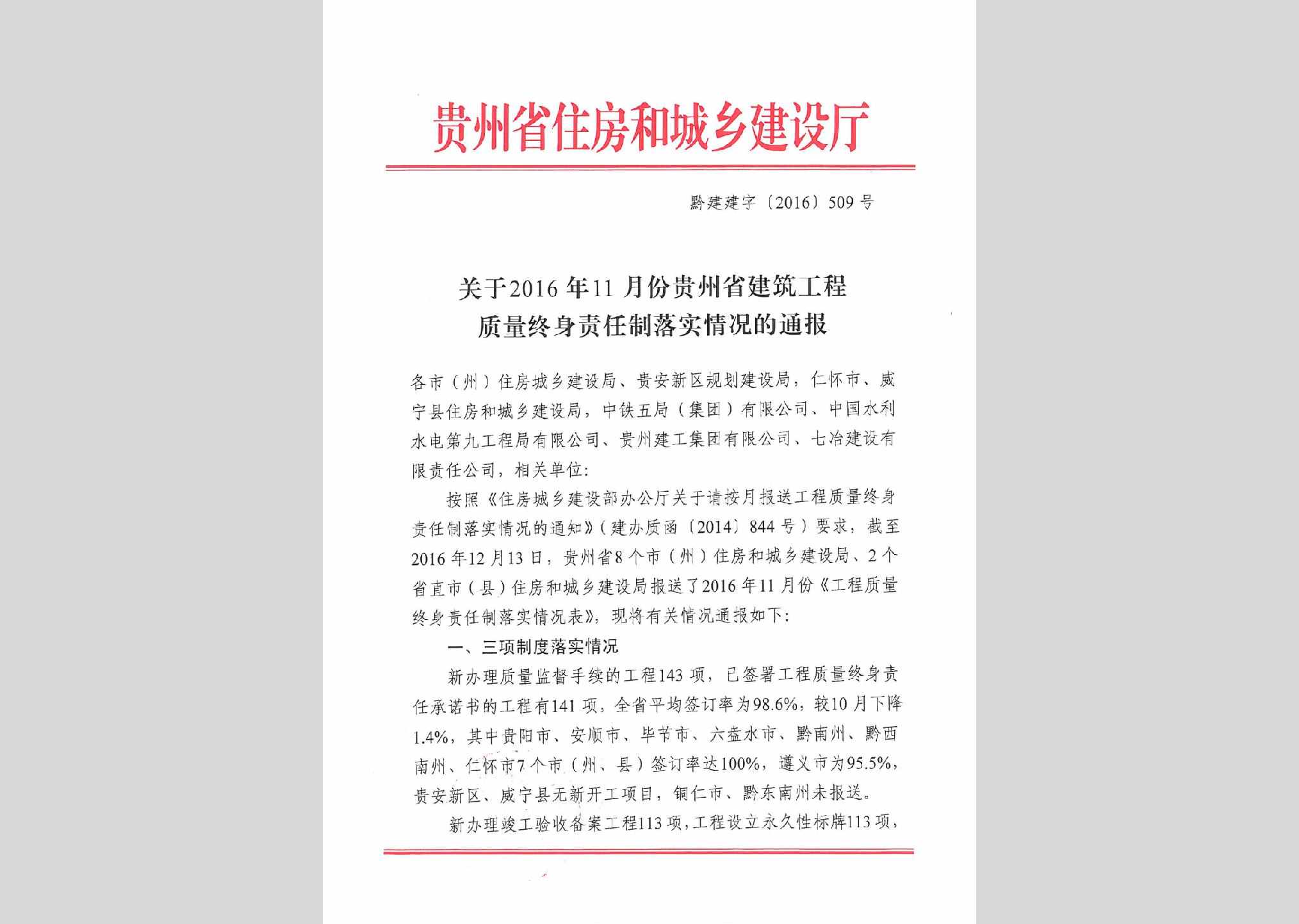黔建建字[2016]509号：2016年11月份贵州省建筑工程质量终身责任制度落实情况的通报
